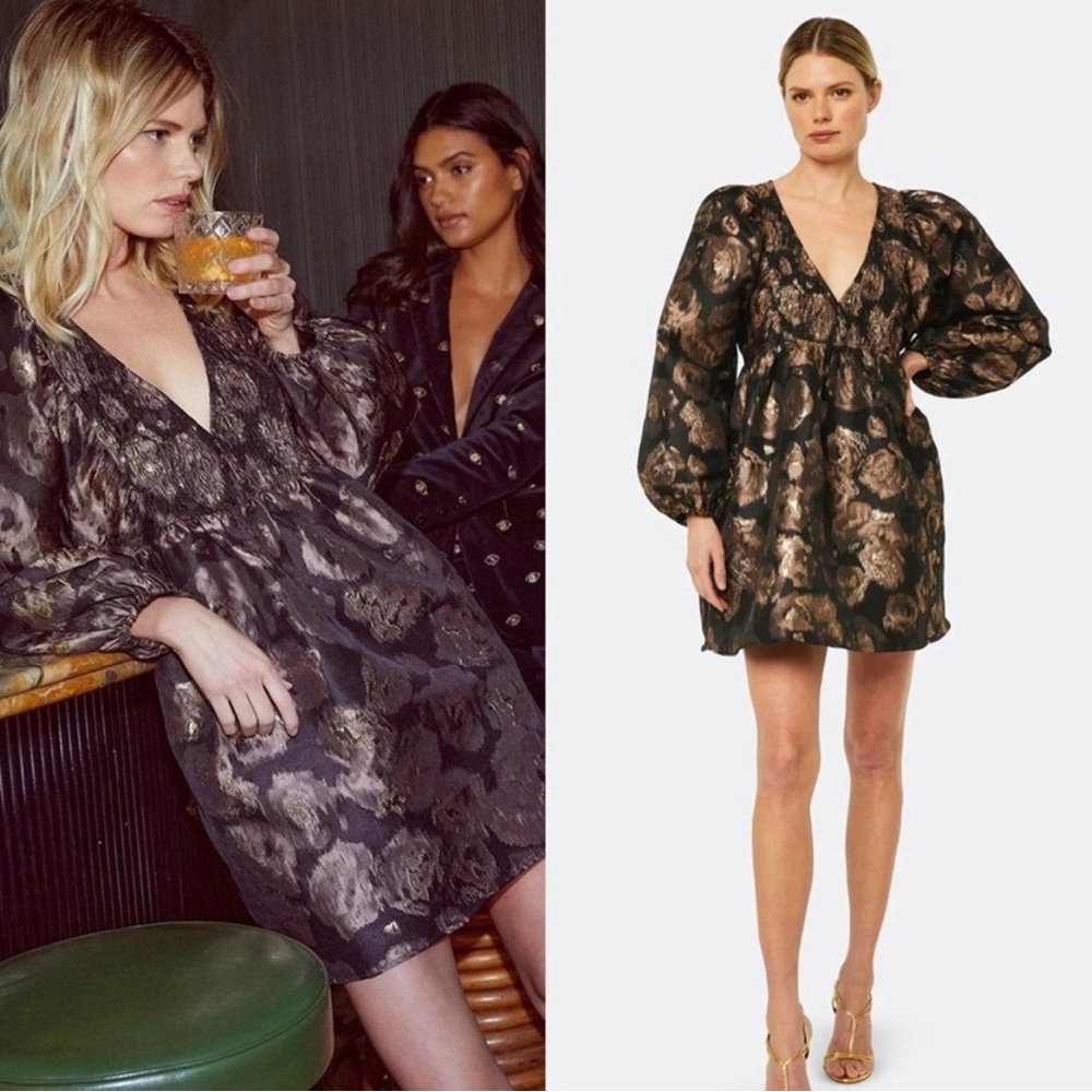 MISA Edie Dress in Rose Gold Jacquard Balloon sleeves